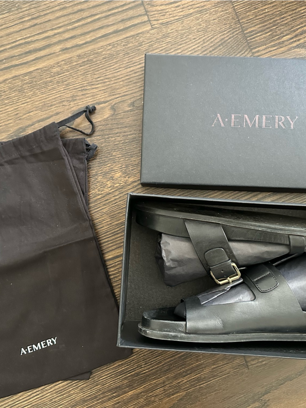 A. Emery Black Leather Womens Slide Sandals